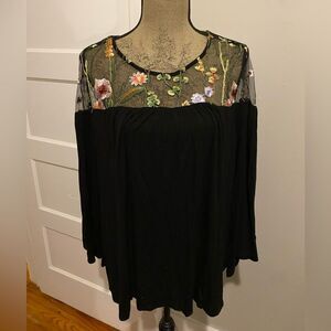 Hannah Floral Embroidered Shoulder Black Flare long Sleeve Shirt